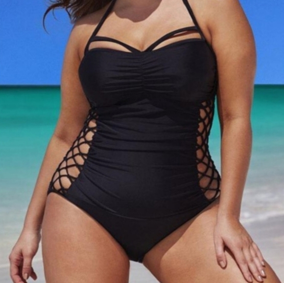 Strappy Halter-Tie Lace-Up Sides Black One-Piece Swimsuit - Size XL - Picture 1 of 11